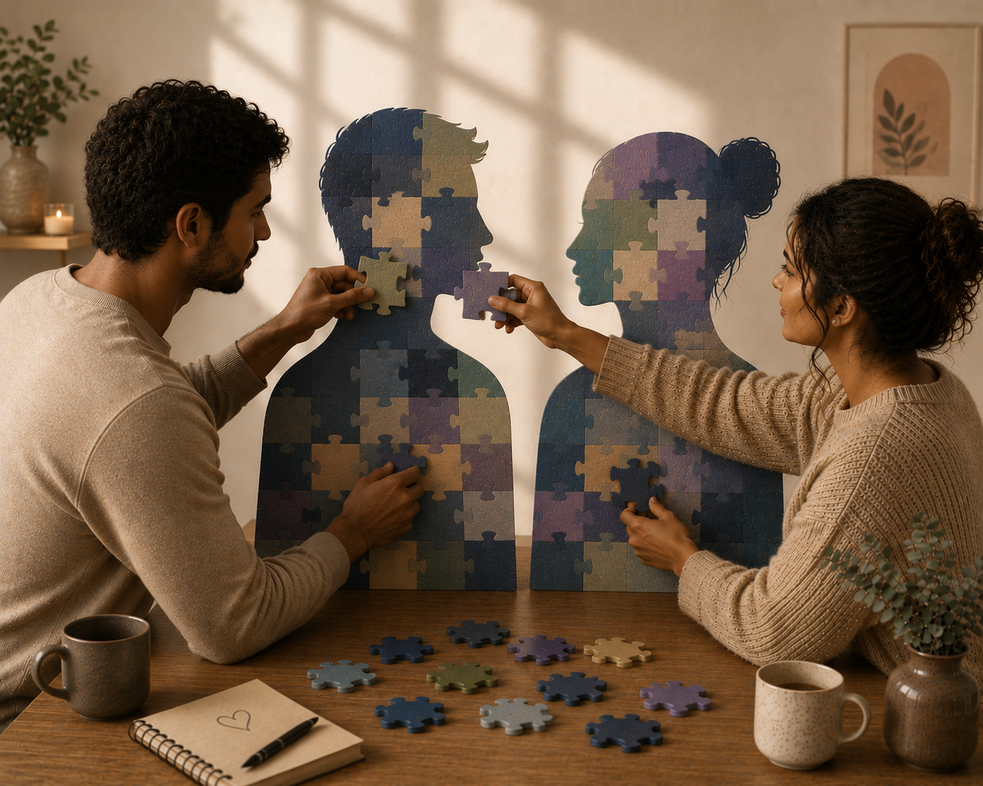 Un couple assemblant des pièces de puzzle représentant le travail relationnel