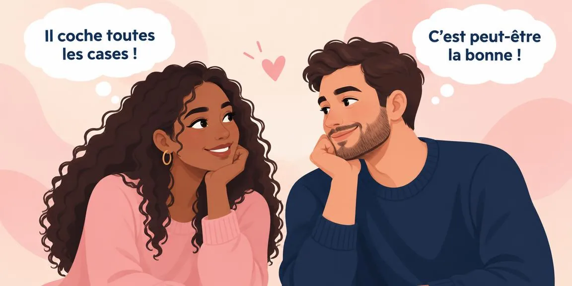 Le couple se regarde en souriant, chacun avec une bulle de pensée au-dessus de la tête, dans la phase romantique et idéalisée du début de leur relation