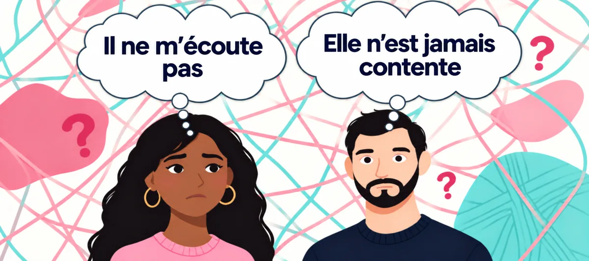 Un couple réfléchit ensemble aux multiples facettes d’une relation, chacun dans sa bulle de pensée depuis son front