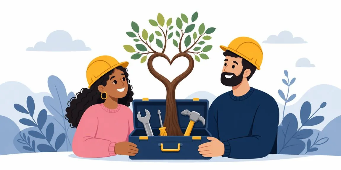 Un couple équipé de casques avec une boîte à outils, dont un arbre au tronc en forme de cœur symbolise la relation qui grandit