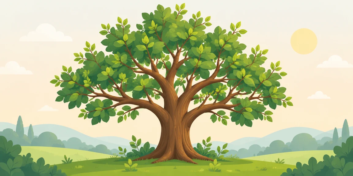 Un arbre florissant et mature avec un tronc solide, des branches développées et des feuilles abondantes, symbolisant la croissance personnelle